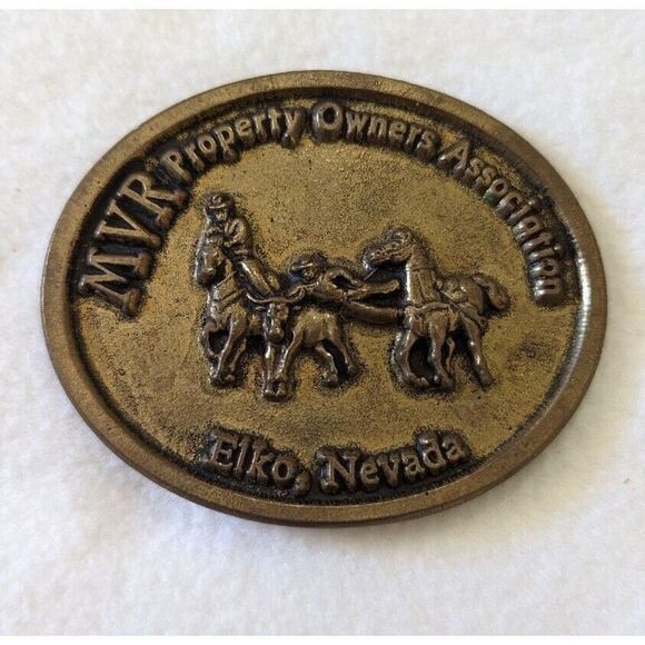 Vintage MVR Property Owners Assoc Elko, Nevada Belt Buckle Horse Rodeo Gold - Picture 1 of 2